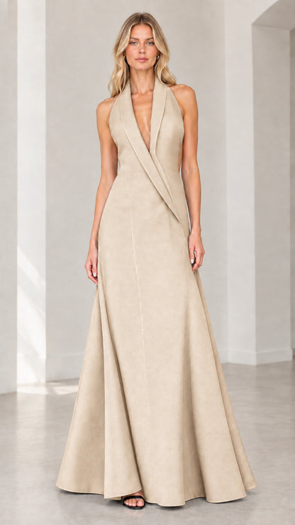 Front view of champagne beige halter tuxedo backless evening dress