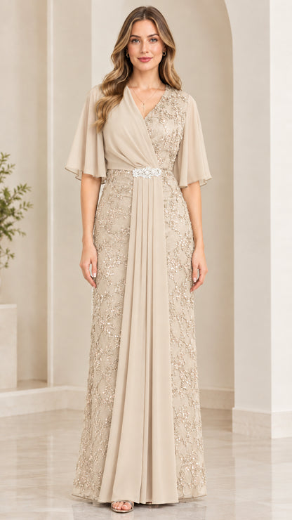 Front view of champagne beige sequin lace formal gown with cascading drape