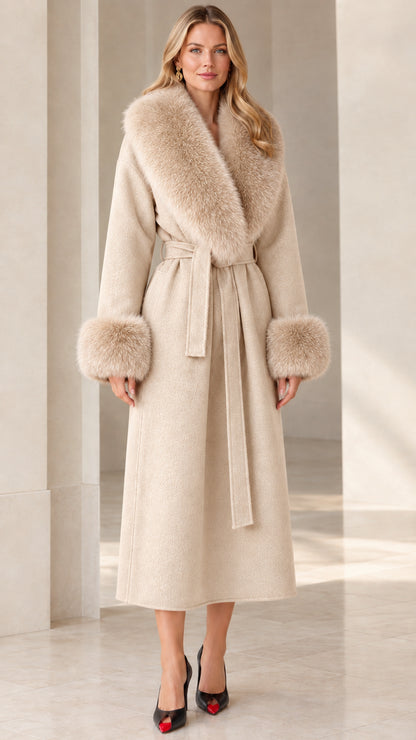 Full front view of women's beige long wrap overcoat with plush collar accents
