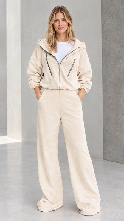 Women's beige cream zip-up hoodie and wide leg pants tracksuit set