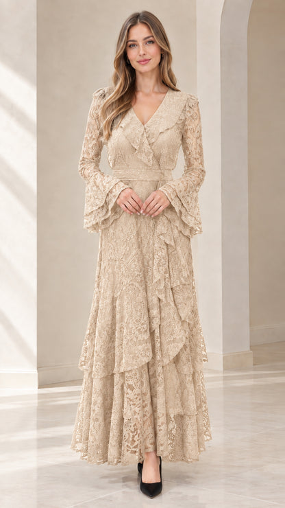 Front full view of woman wearing champagne beige long sleeve lace maxi dress