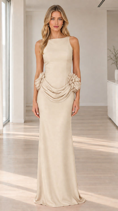 Front view of the sleeveless low-back maxi evening gown in champagne beige