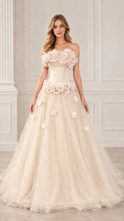 Full front view of champagne cream strapless 3D floral appliqué tulle ball gown