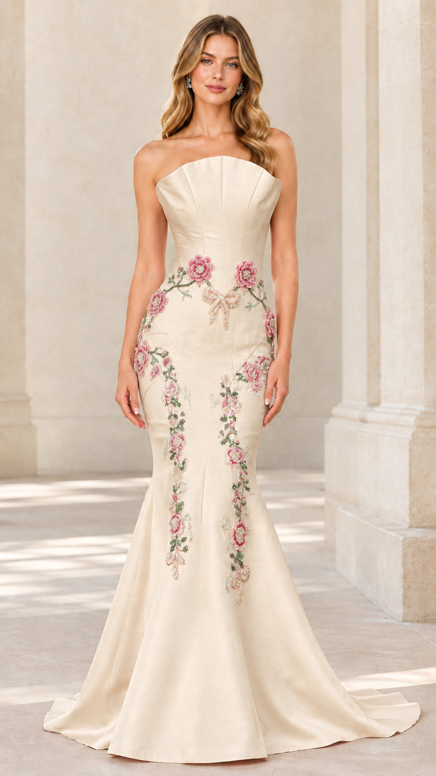 Front view of champagne strapless floral embroidered mermaid evening gown