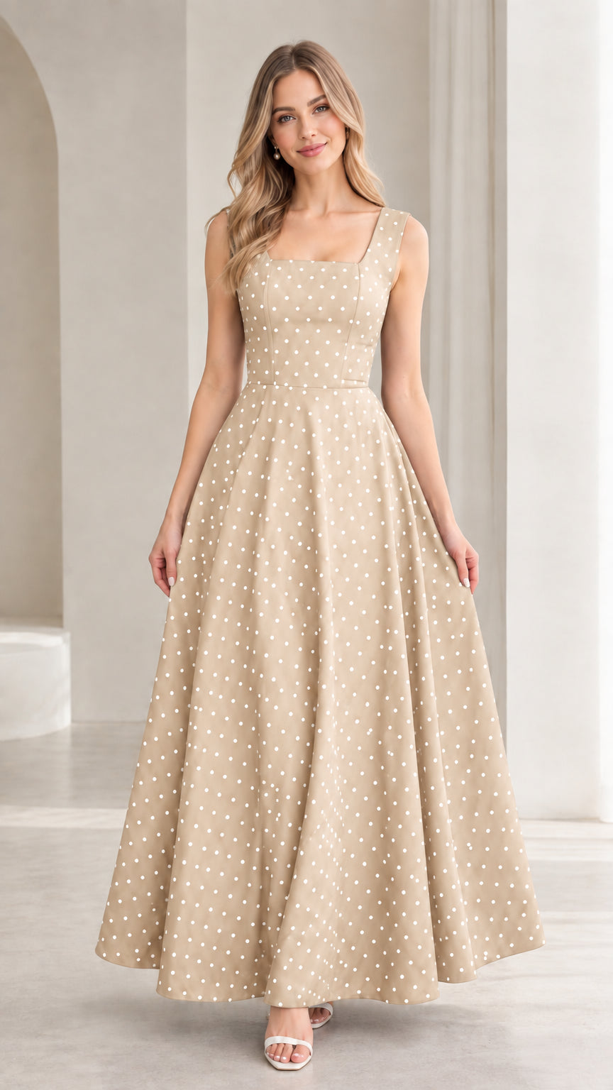Model wearing beige polka dot square neck sleeveless maxi dress