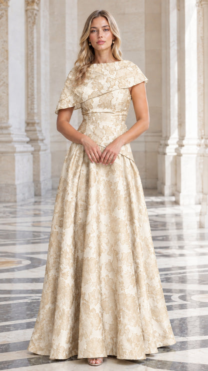 Model wearing Champagne gold floral jacquard A-line formal maxi gown