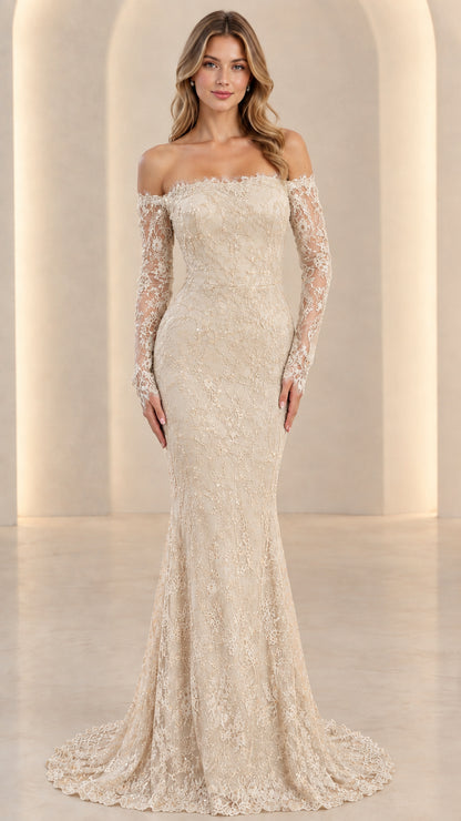 Front full view of champagne beige off-the-shoulder long sleeve lace evening gown