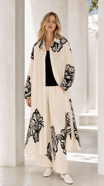 Full front view of cream beige floral longline shirt and pant matching set