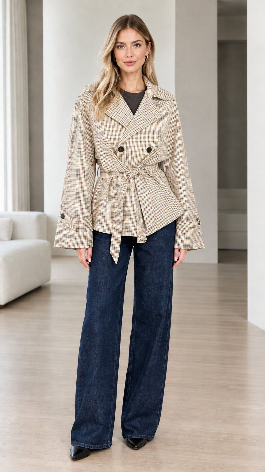 Model wearing light beige plaid belted short jacket