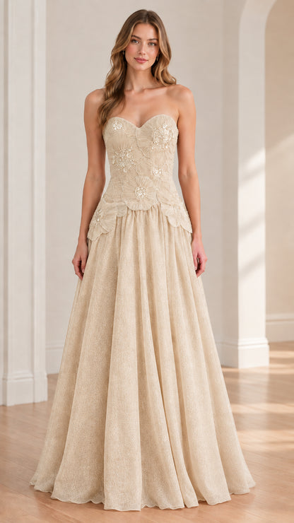 Champagne cream strapless floral appliqué evening ball gown