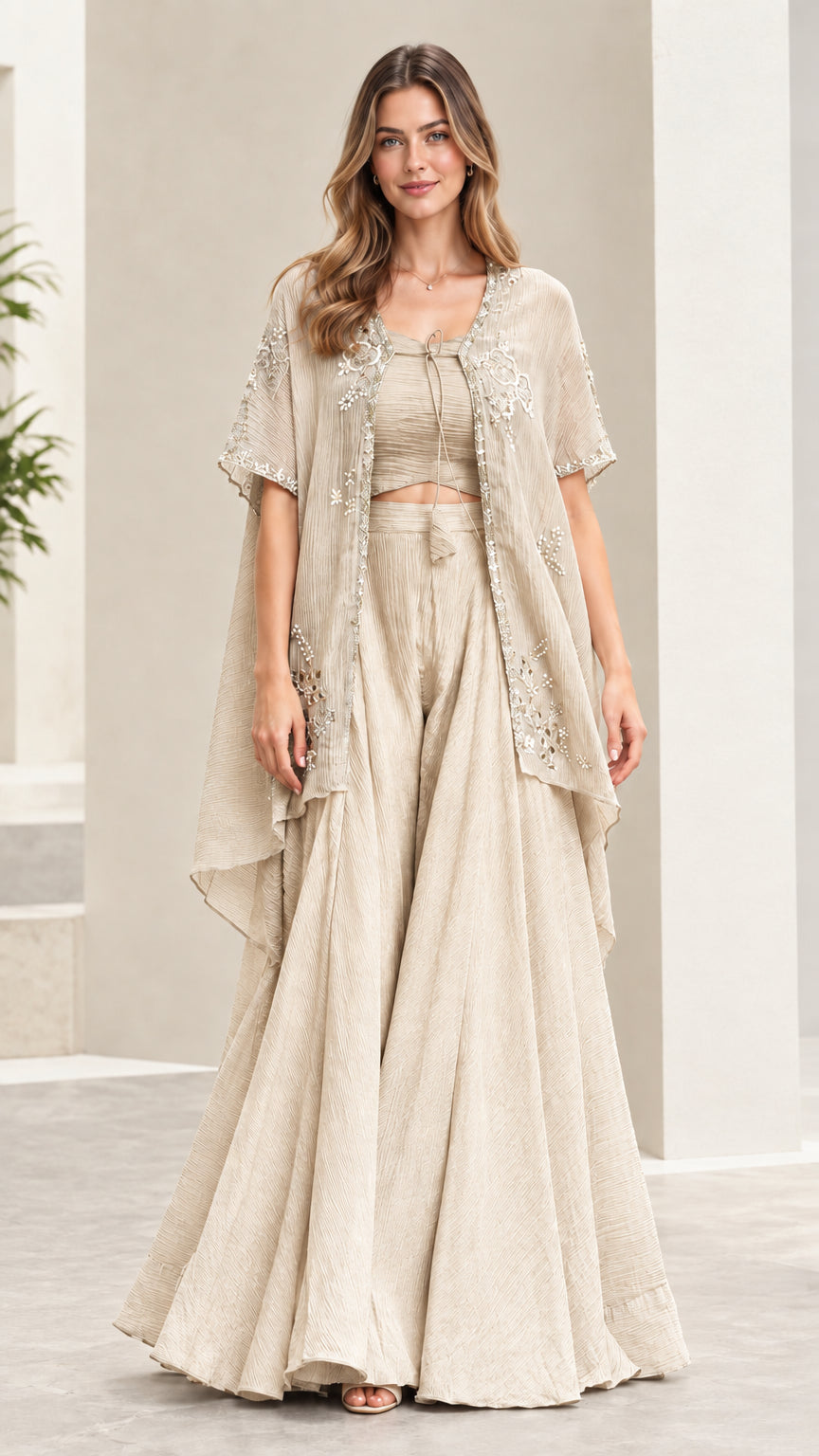 Champagne beige 3-piece embroidered cape and wide-leg palazzo set