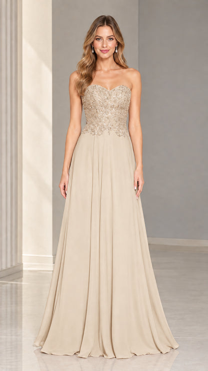 Front view of champagne strapless beaded sweetheart maxi evening gown