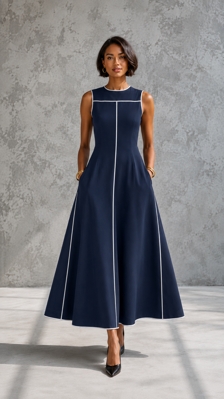 Front view of navy sleeveless A-line dress with contrast piping