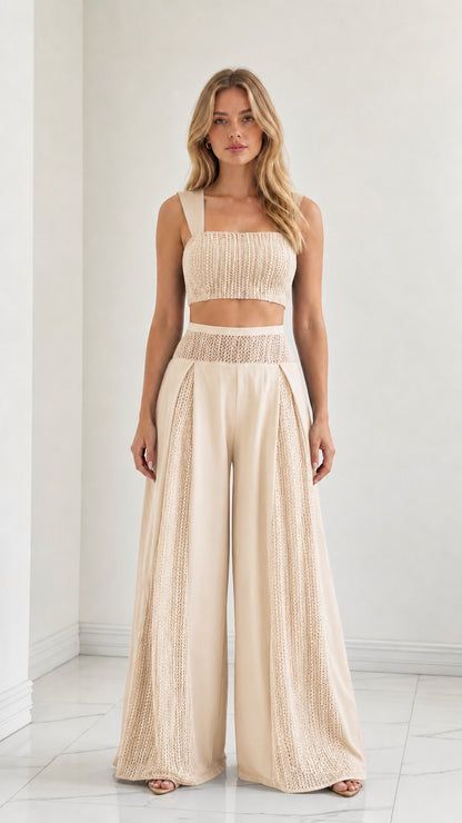 Model wearing Cream beige two-piece crop top and wide-leg trouser set