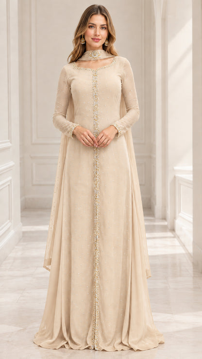 Model wearing champagne beige long sleeve embellished cape maxi gown