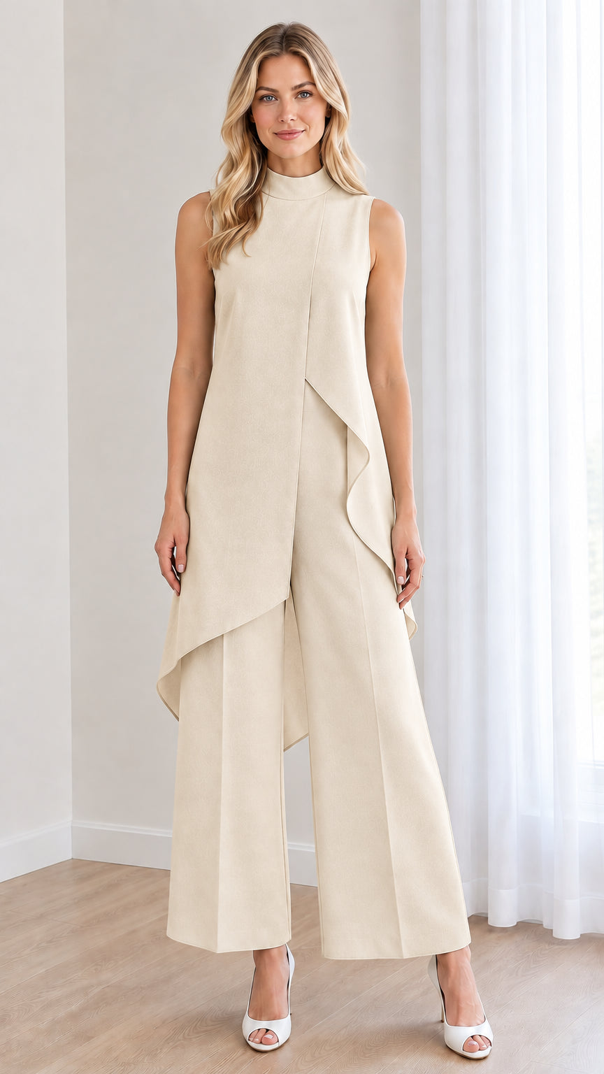 Front view of champagne beige mock neck formal jumpsuit