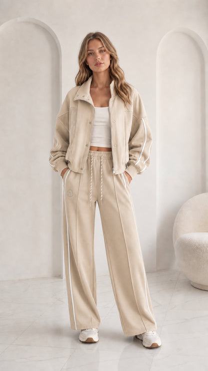 Women's beige neutral 2-piece wide leg tracksuit loungewear set