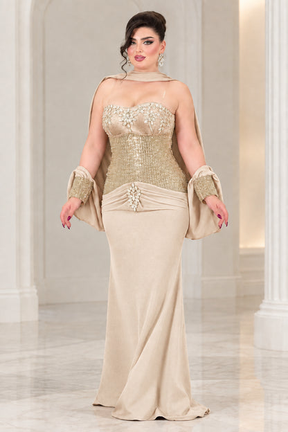 Champagne beige embellished corset evening gown with dramatic shoulder wrap