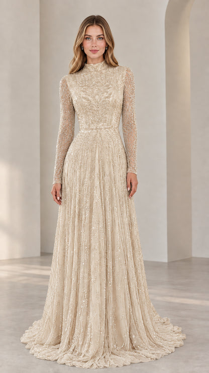 Woman wearing Champagne gold high neck beaded long sleeve formal gown