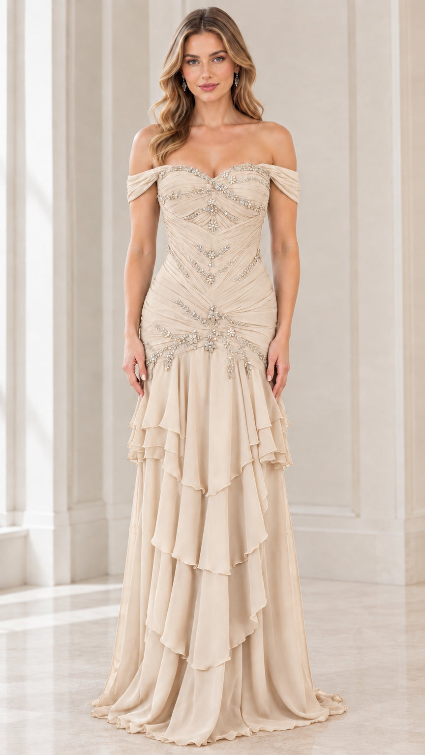 Front view of champagne beige off-the-shoulder beaded tiered evening gown
