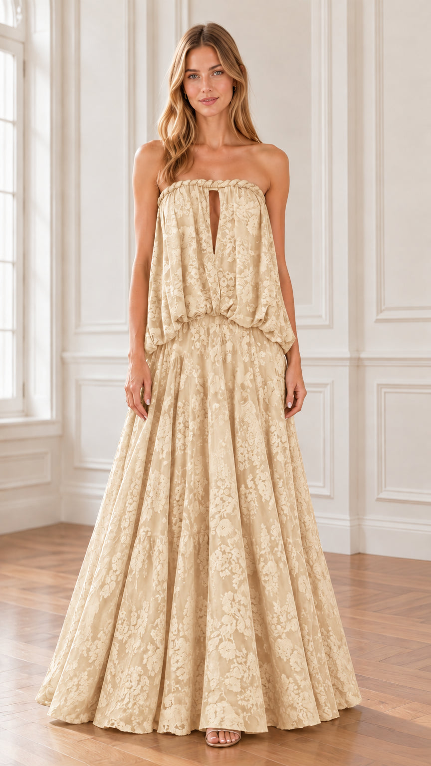 Front view of model wearing Champagne cream strapless floral lace maxi dress
