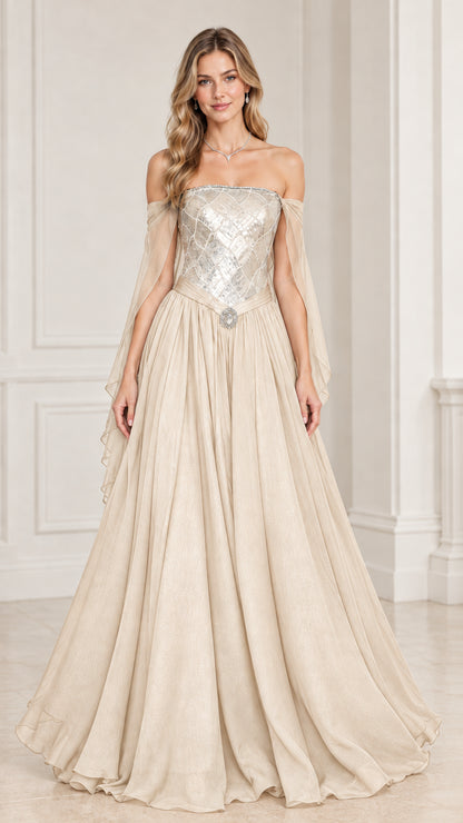 Model wearing Champagne gold sequin corset ball gown with flowing chiffon skirt