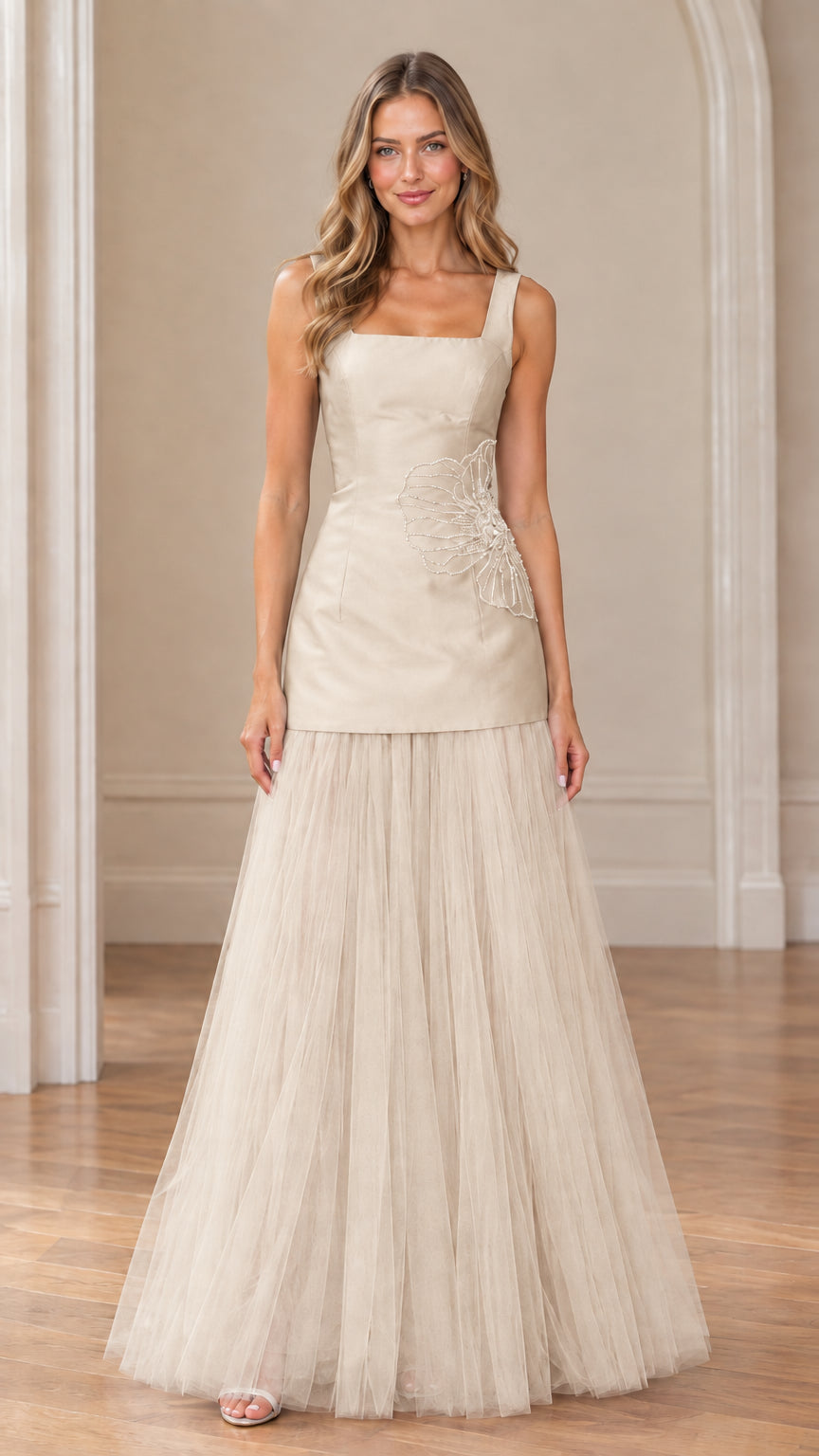 Champagne square neck beaded floral drop-waist formal gown