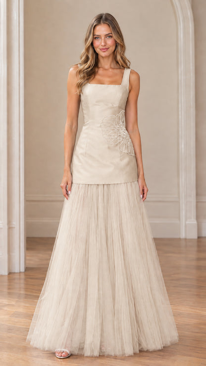 Champagne square neck beaded floral drop-waist formal gown