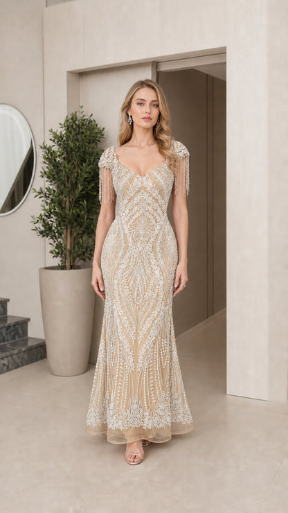 Champagne gold sequin mermaid formal dress with beaded tassels
