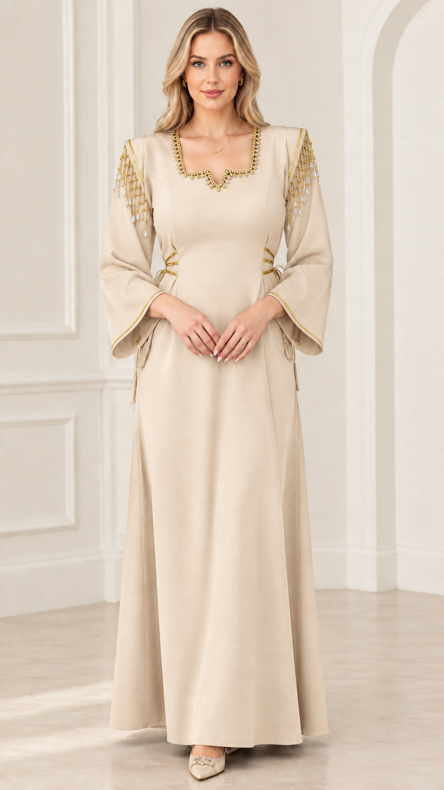 Front view of champagne beige beaded fringe shoulder maxi dress
