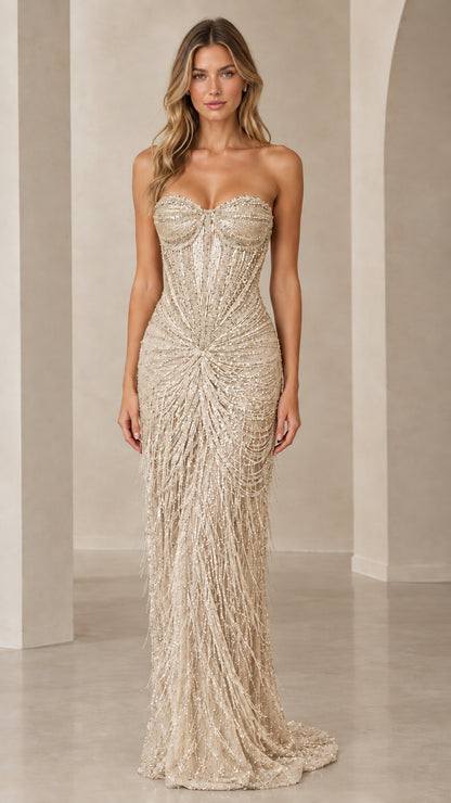 Champagne gold strapless beaded fringe formal gown for special occasions