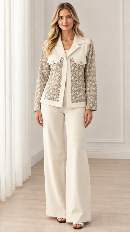Full view of women's beige two-piece contrast blazer and wide-leg pants set