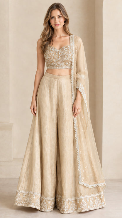Champagne gold embroidered festive crop top and palazzo pants ensemble