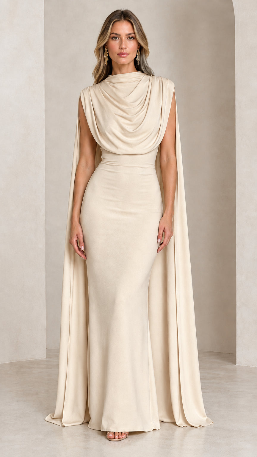 Front view of model wearing the champagne cream draped cowl neck cape evening gown