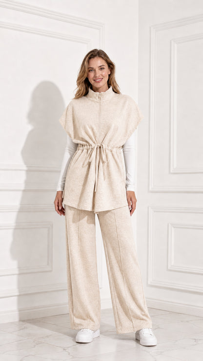 Front full view of women's beige oatmeal 2-piece tunic vest and wide-leg lounge set