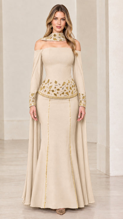 Champagne beige cape sleeve mermaid evening gown with gold embroidery