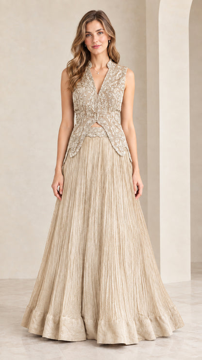 Front view of woman wearing champagne gold embroidered sleeveless maxi gown set
