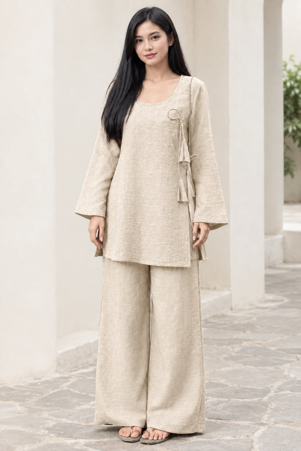Front view of woman wearing Beige natural tone two-piece lounge set