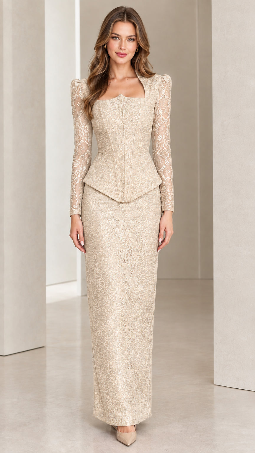 Front view of model wearing champagne beige lace peplum maxi dress set