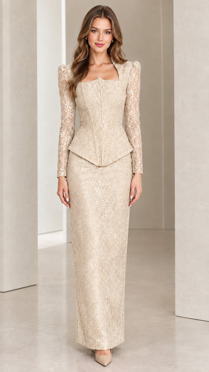 Front view of model wearing champagne beige lace peplum maxi dress set