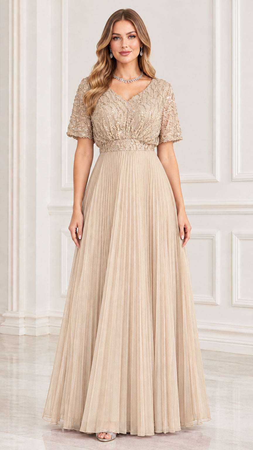 Full length champagne gold sequin beaded pleated A-line formal dress