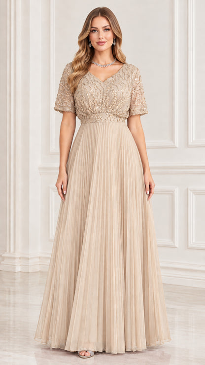 Full length champagne gold sequin beaded pleated A-line formal dress