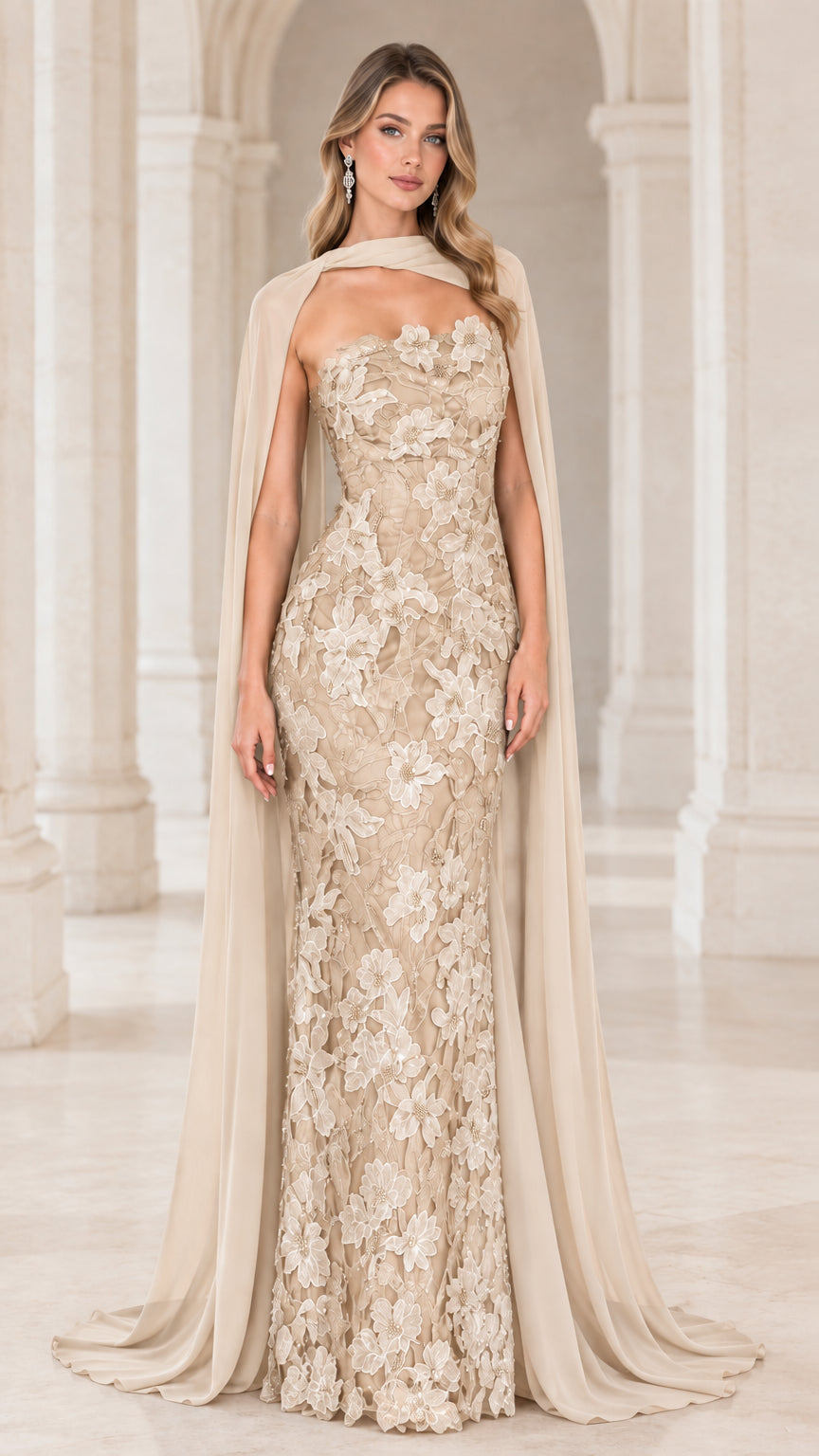 Champagne Strapless Floral Lace Gown with Elegant Drape Cape