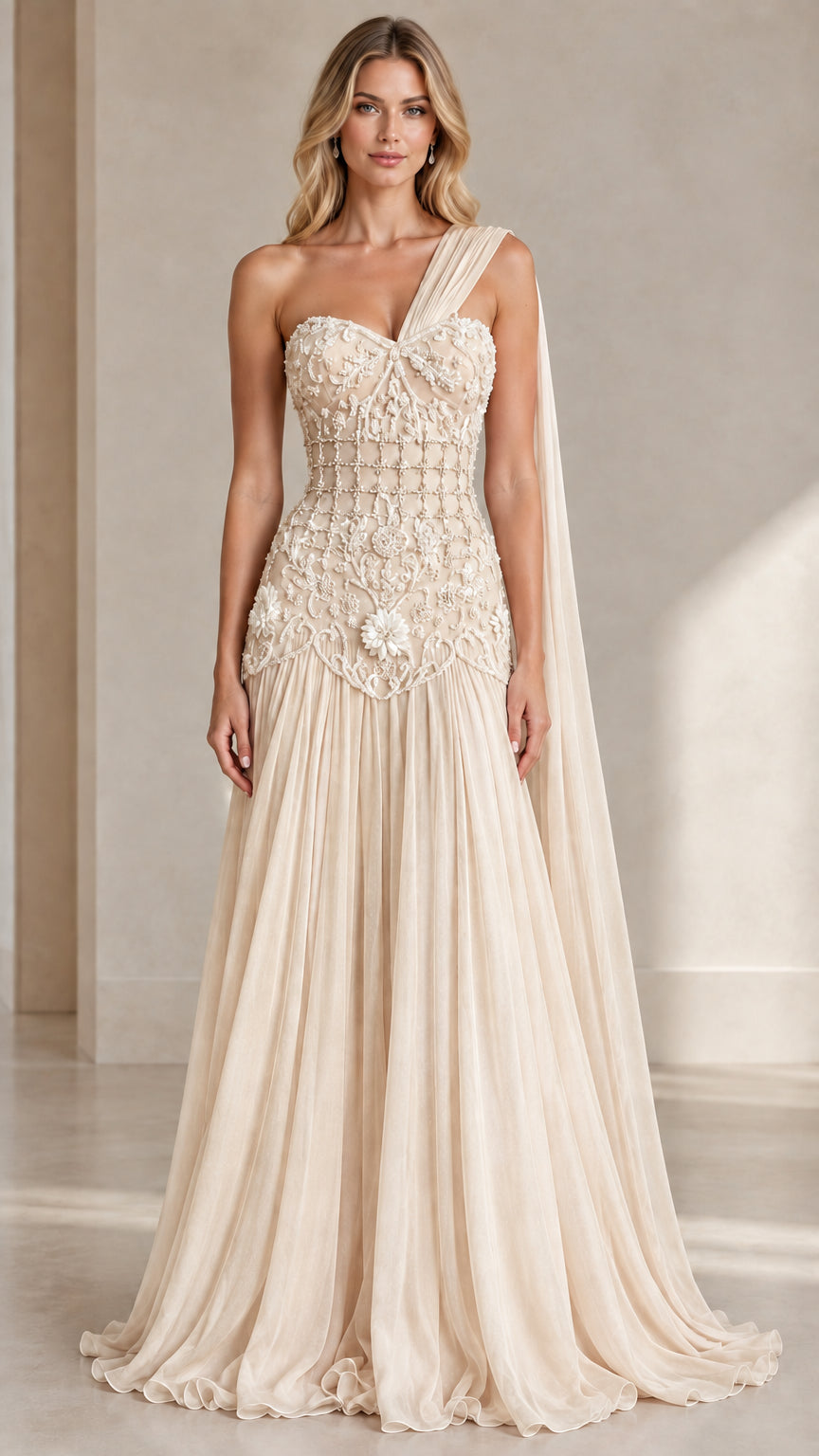 Model wearing Champagne one-shoulder formal evening dress
