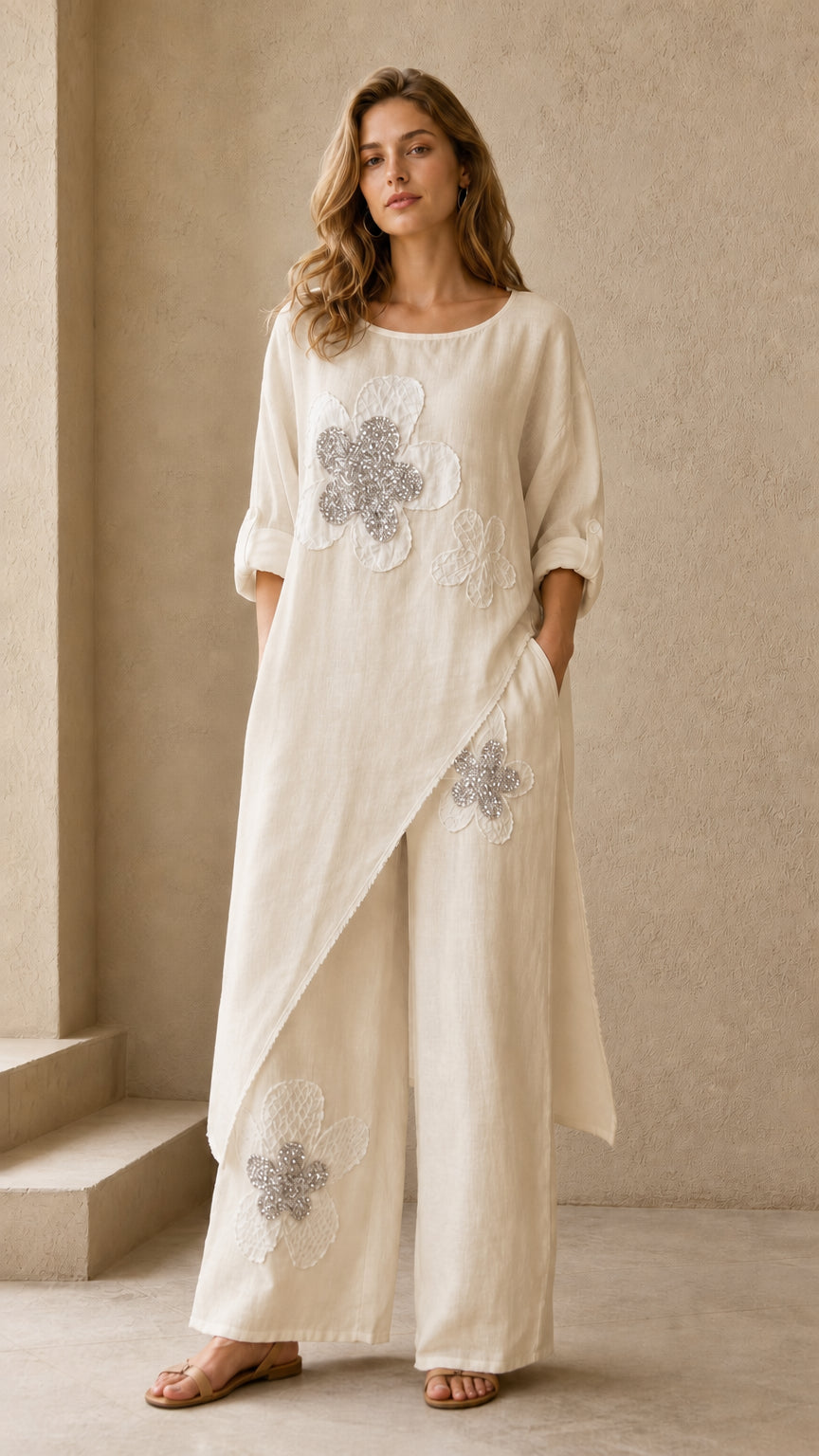 Beige cream relaxed fit two piece tunic and wide leg pants set