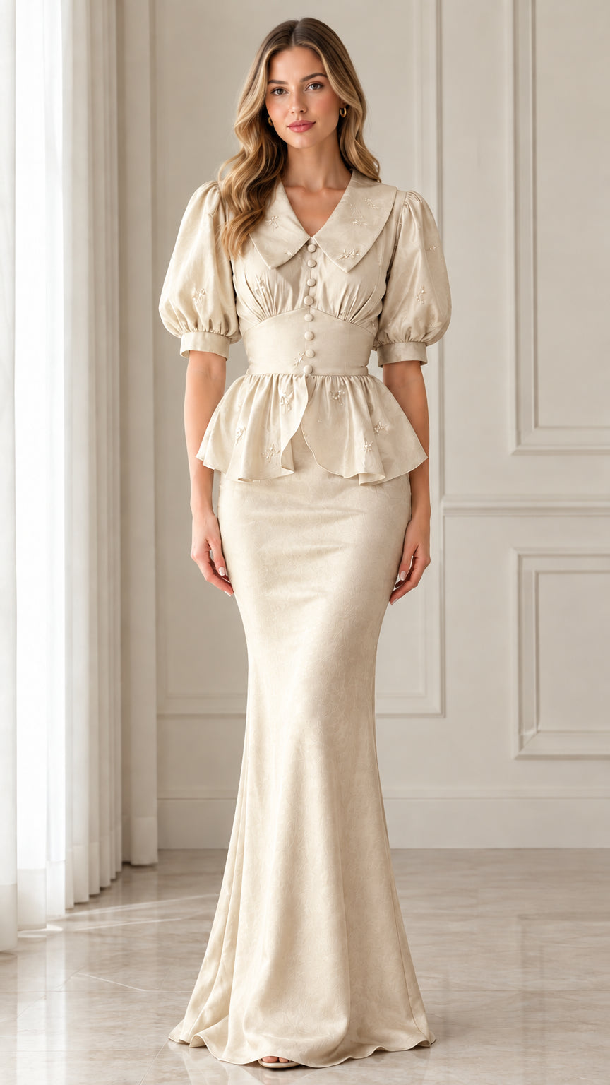 Front view of champagne cream peplum mermaid formal dress