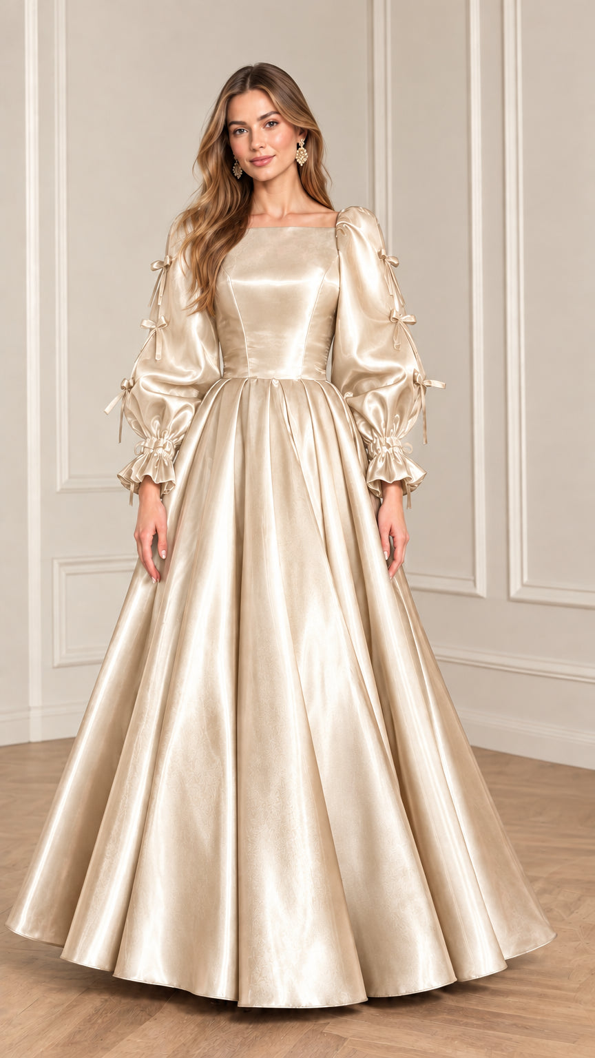 Full-length front view of model wearing Champagne gold satin puff sleeve ball gown