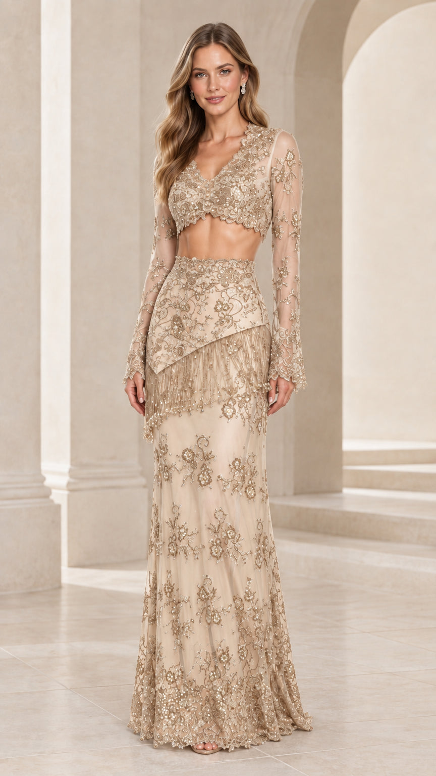 Front view of model wearing Champagne gold sequin floral lace two-piece evening gown