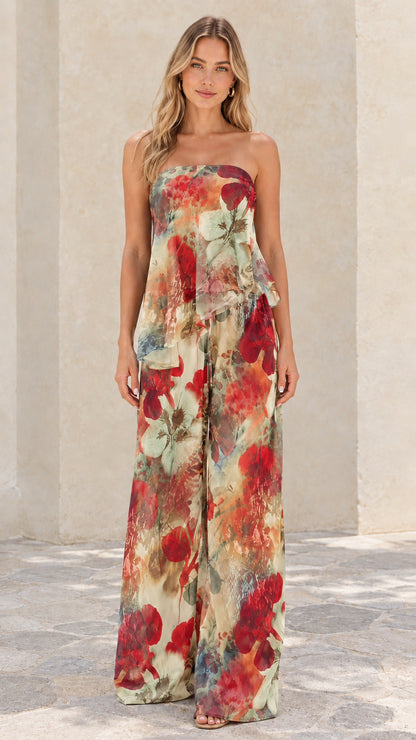 Front view of cream multi floral strapless tiered wide-leg two-piece set