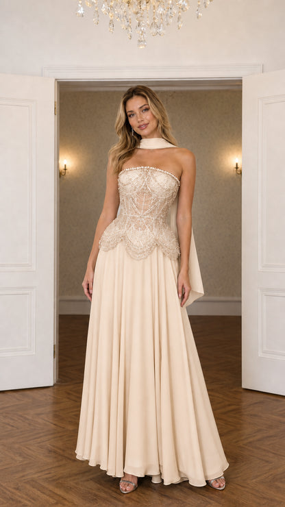 Champagne beaded strapless evening dress with pleated chiffon skirt